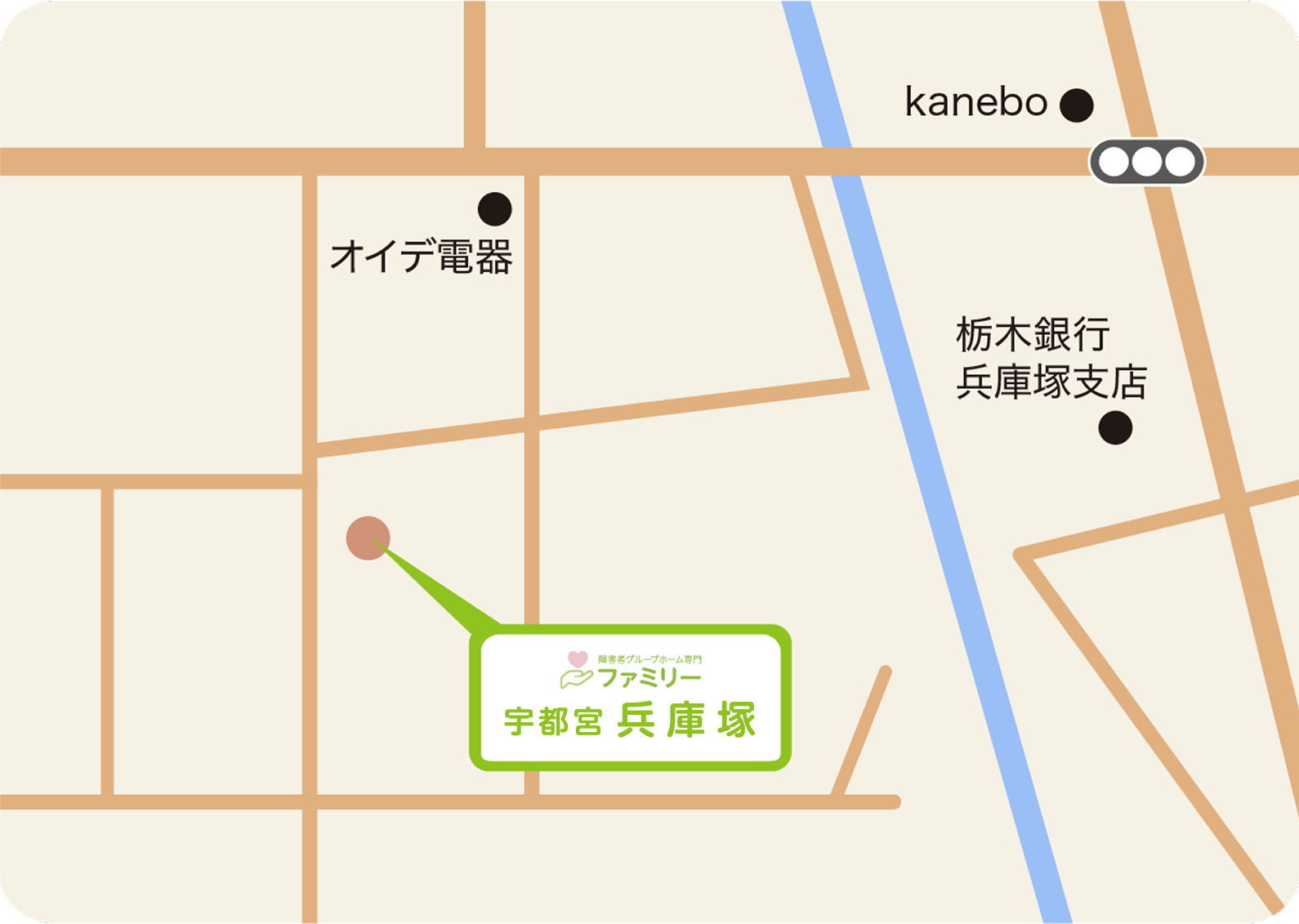 栃木県宇都宮市の障がい者自立支援・共同生活支援 | 障害者グループホーム ファミリー宇都宮の兵庫塚ホーム　アクセスのマップ画像